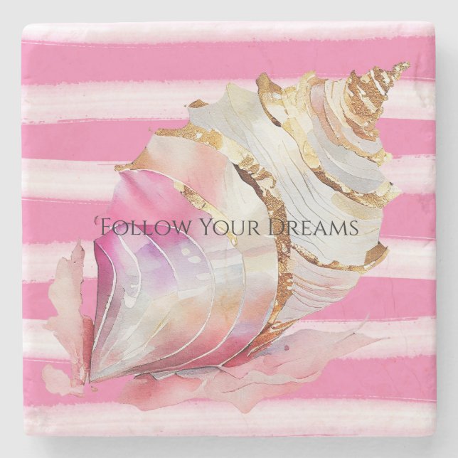 Pink Watercolor Beach Stripes Gold Shell Stone Coaster (Front)