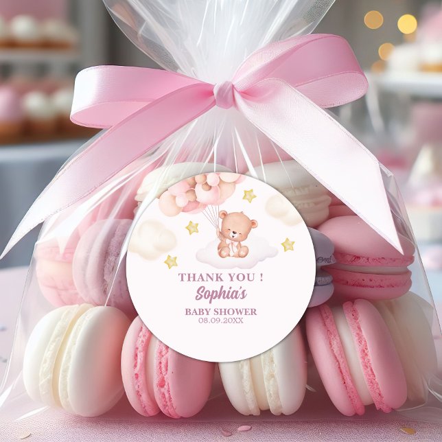 Pink Watercolor Bear Baby Shower Girl Classic Round Sticker (Creator Uploaded)