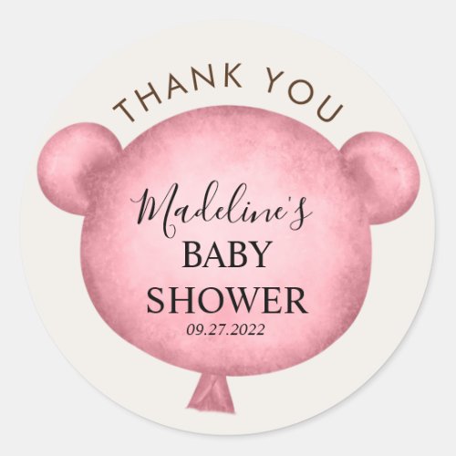 Pink Watercolor Bear Balloon Baby Shower Thank You Classic Round Sticker