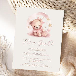 Pink Watercolor Bear Girl Baby Shower Postcard