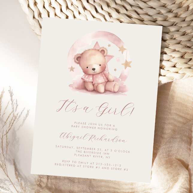Pink Watercolor Bear Girl Baby Shower Postcard (Creator Uploaded)