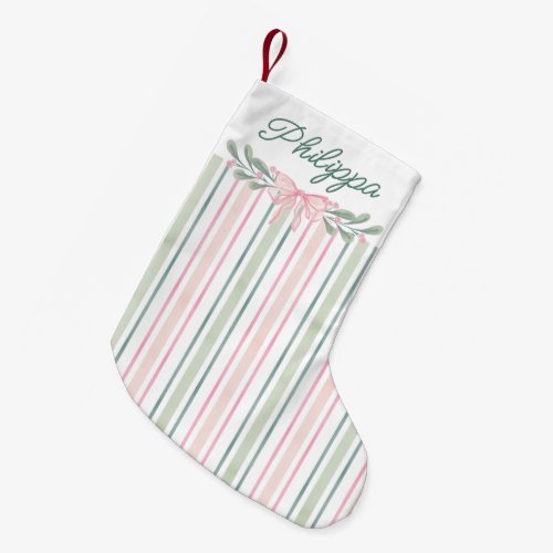 Pink Watercolor Berries Bow Stripes Christmas Small Christmas Stocking
