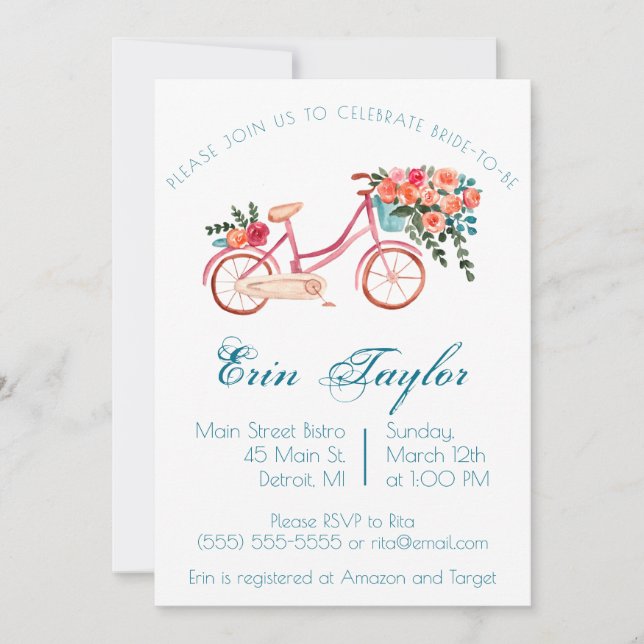 Pink Watercolor Bicycle Floral Bridal Shower Invitation (Front)