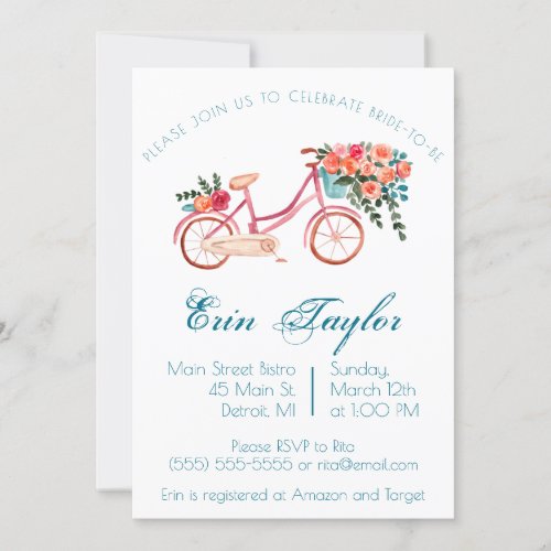 Pink Watercolor Bicycle Floral Bridal Shower Invitation