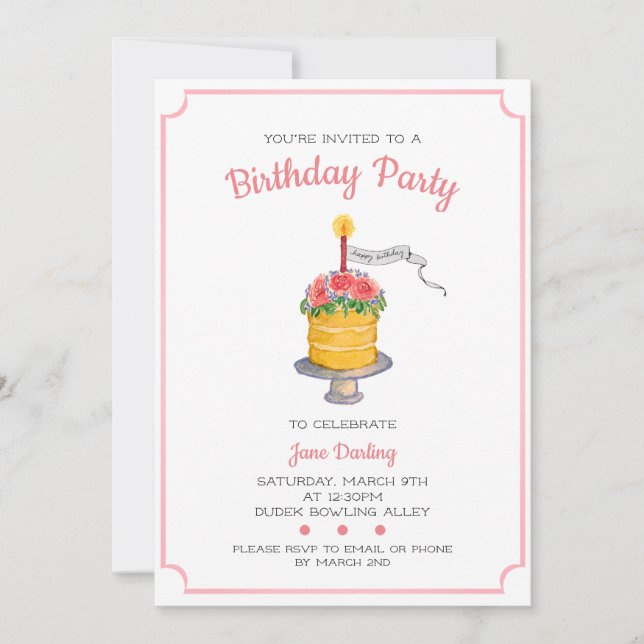 Pink Watercolor Birthday Cake Invitation (Front)