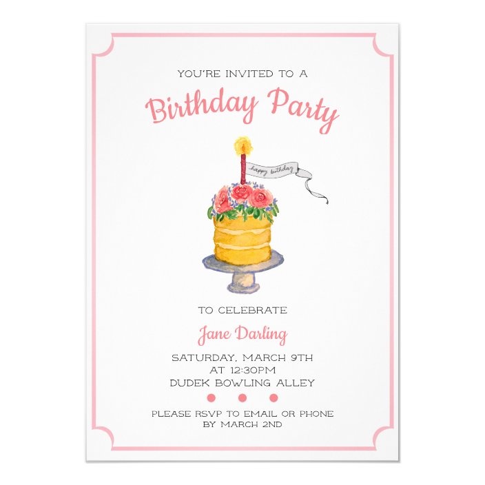 Pink Watercolor Birthday Cake Invitation