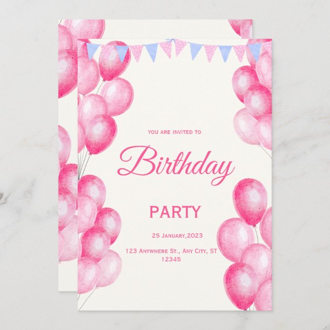 Pink Watercolor Birthday Invitation (Front/Back)
