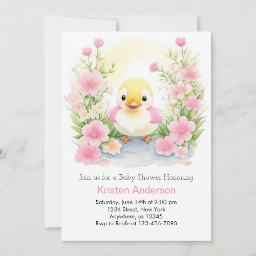 Pink Watercolor Blissful Duck Girl Baby Shower Invitation
