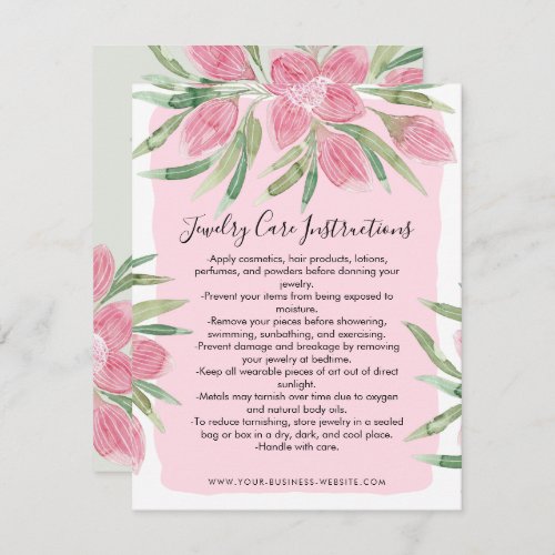 Pink Watercolor Blooming Floral Jewelry Care Card
