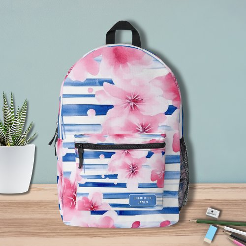 Pink Watercolor Blossoms Floral Personalized Name Printed Backpack