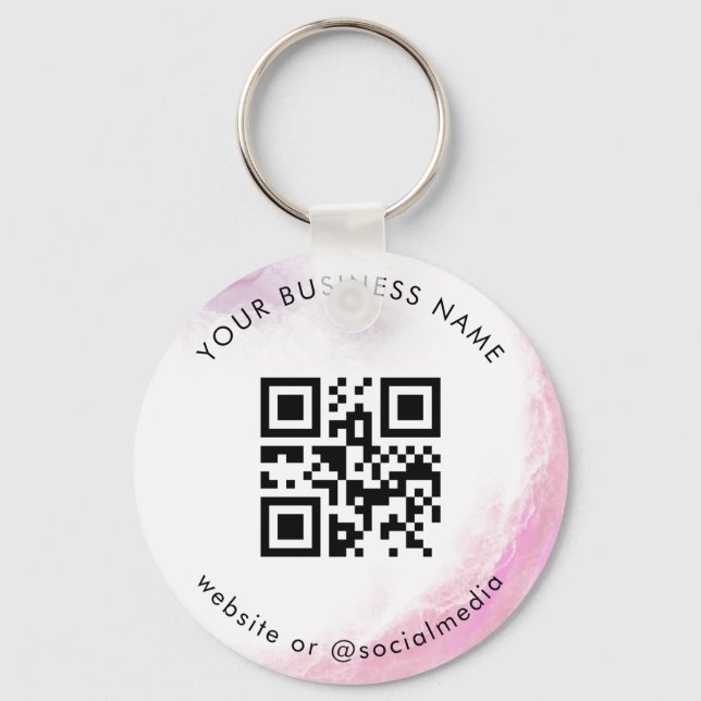 Pink Watercolor Blush Add Custom QR Code Scan Keychain (Front)