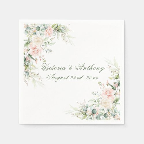 Pink Watercolor Blush Green Floral Wedding Napkins