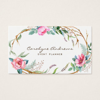 Pink Watercolor Bohemian Floral Wreath Business Card