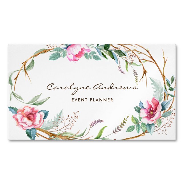 Pink Watercolor Bohemian Floral Wreath Business Card Magnet (Front)
