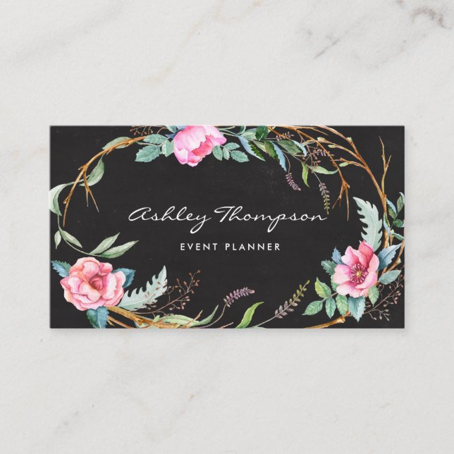 Pink Watercolor Bohemian Floral Wreath Chalkboard Business Card (Front)
