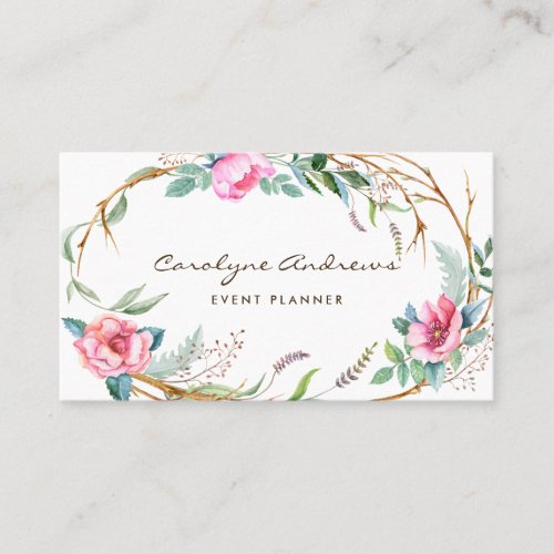 Pink Watercolor Bohemian Floral Wreath II Business Card