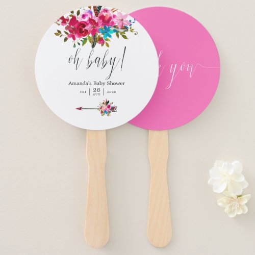 Pink Watercolor Boho Chic Floral Baby Shower Hand Fan