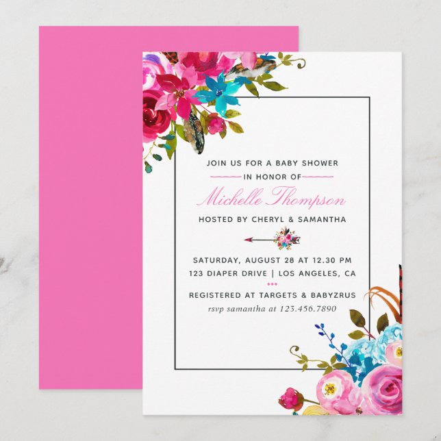 Pink Watercolor Boho Chic Floral Baby Shower Invitation (Front/Back)