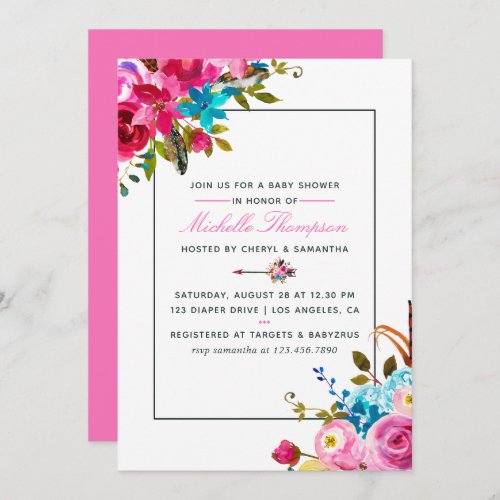 Pink Watercolor Boho Chic Floral Baby Shower Invitation