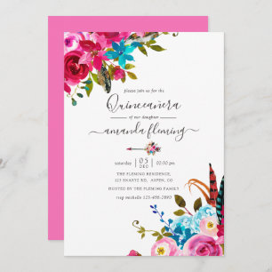 Pink Watercolor Boho Chic Floral Quinceañera Invitation