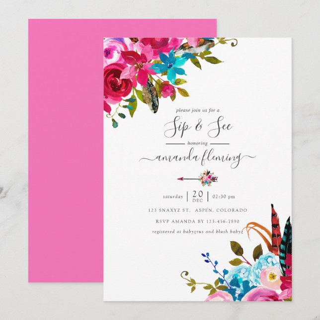 Pink Watercolor Boho Chic Floral Quinceañera Invitation (Front/Back)