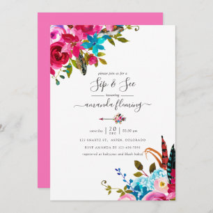 Pink Watercolor Boho Chic Floral Quinceañera Invitation