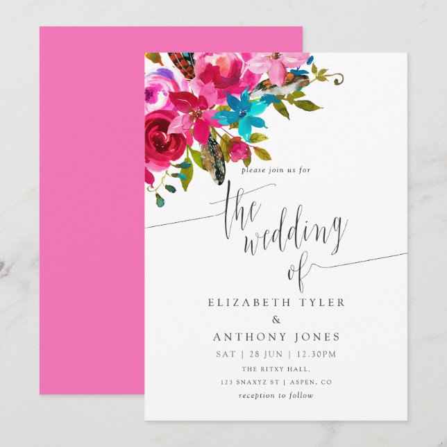 Pink Watercolor Boho Chic Floral Wedding Invite (Front/Back)