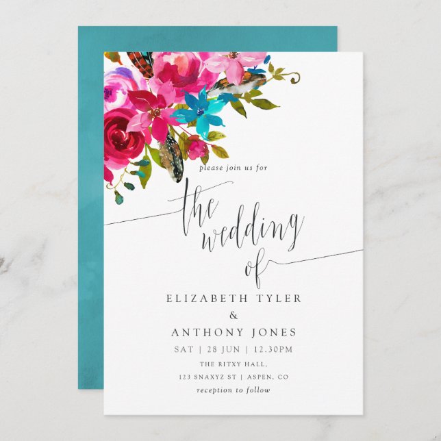 Pink Watercolor Boho Chic Floral Wedding Invite (Front/Back)