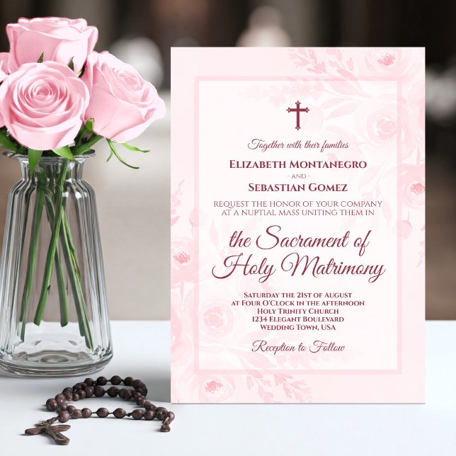 Pink Watercolor Boho Chic Peonies Catholic Wedding Invitation (Creator Uploaded)