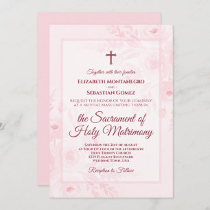Pink Watercolor Boho Chic Peonies Catholic Wedding Invitation