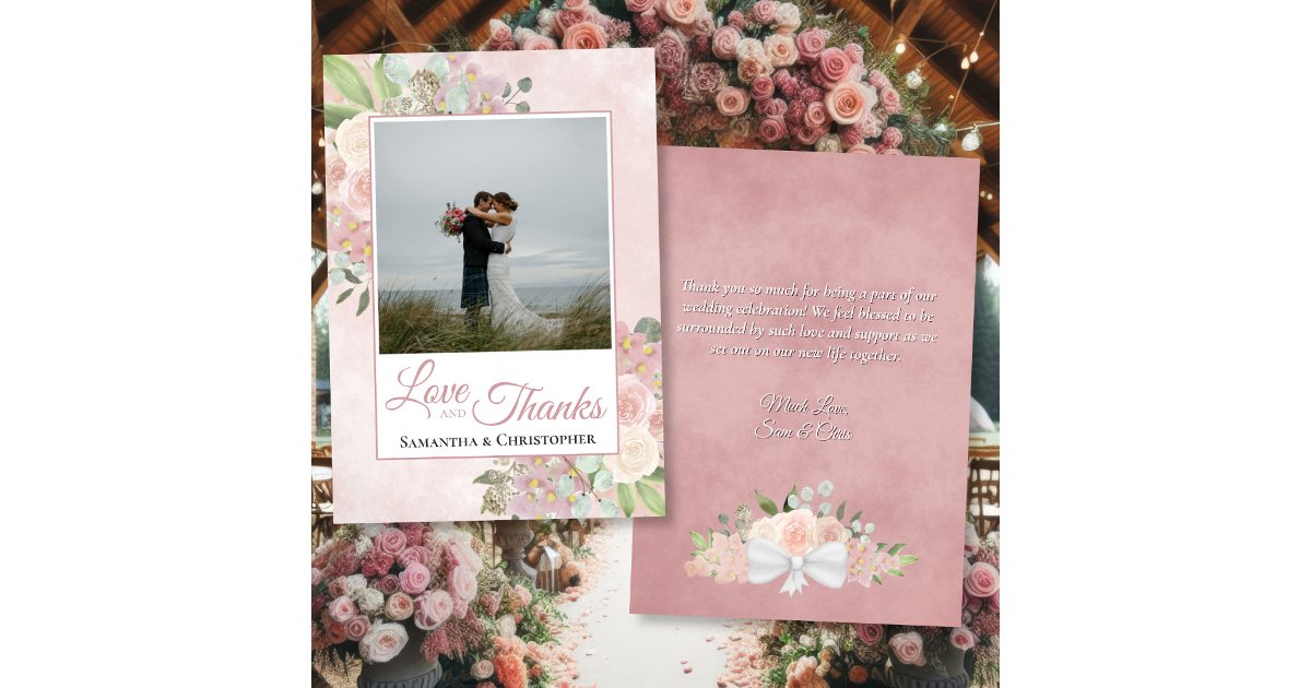 Pink Watercolor Boho Floral Photo & Note Wedding Thank You Card | Zazzle