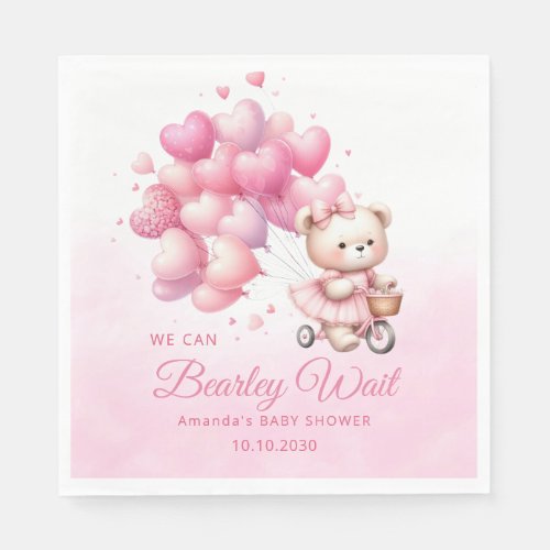 Pink Watercolor Boho Girl Teddy Bear Baby Shower  Napkins