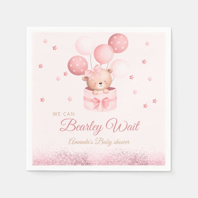 Pink Watercolor Boho Girl Teddy Bear Baby Shower  Napkins (Front)