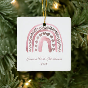 Pink Watercolor Boho Rainbow First Christmas Ceramic Ornament