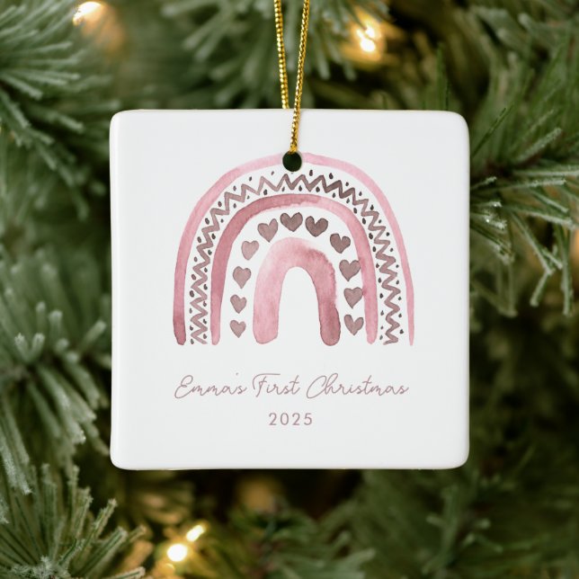 Pink Watercolor Boho Rainbow First Christmas Ceramic Ornament (Tree)