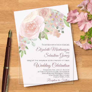 Pink Watercolor Boho Roses Elegant Arch Wedding Acrylic Invitations