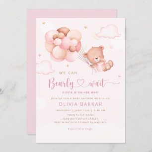 Pink Watercolor Boho Teddy Bear Girl Baby Shower Invitation