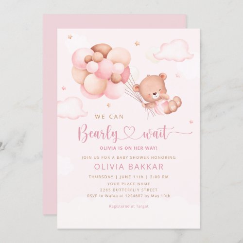 Pink Watercolor Boho Teddy Bear Girl Baby Shower Invitation