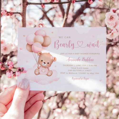 Pink Watercolor Boho Teddy Bear Girl Baby Shower   Invitation