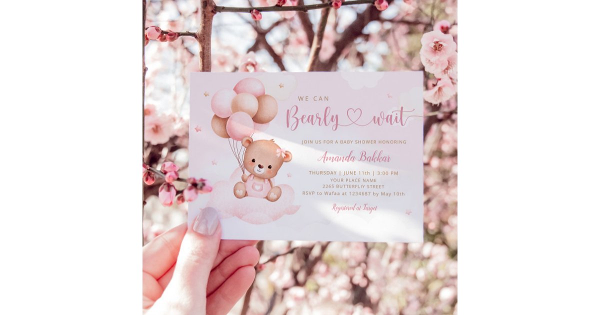 Pink Watercolor Boho Teddy Bear Girl Baby Shower Invitation | Zazzle