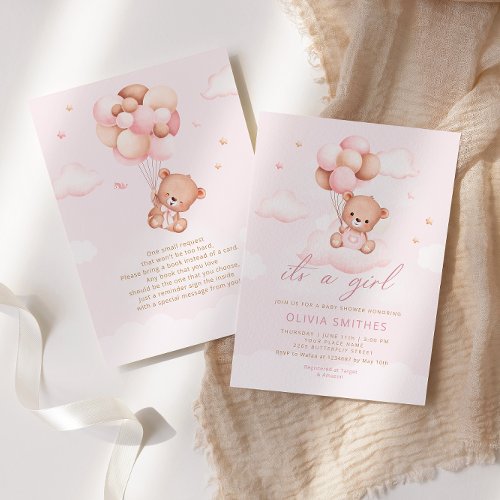 Pink Watercolor Boho Teddy Bear Girl Baby Shower  Invitation