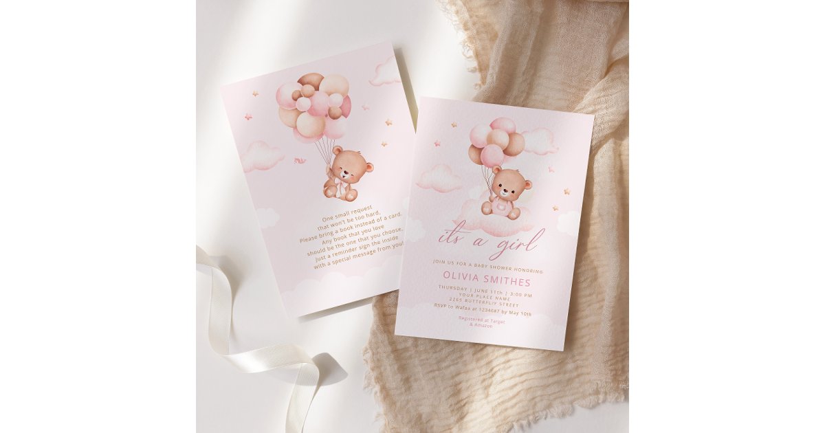 Pink Watercolor Boho Teddy Bear Girl Baby Shower Invitation | Zazzle