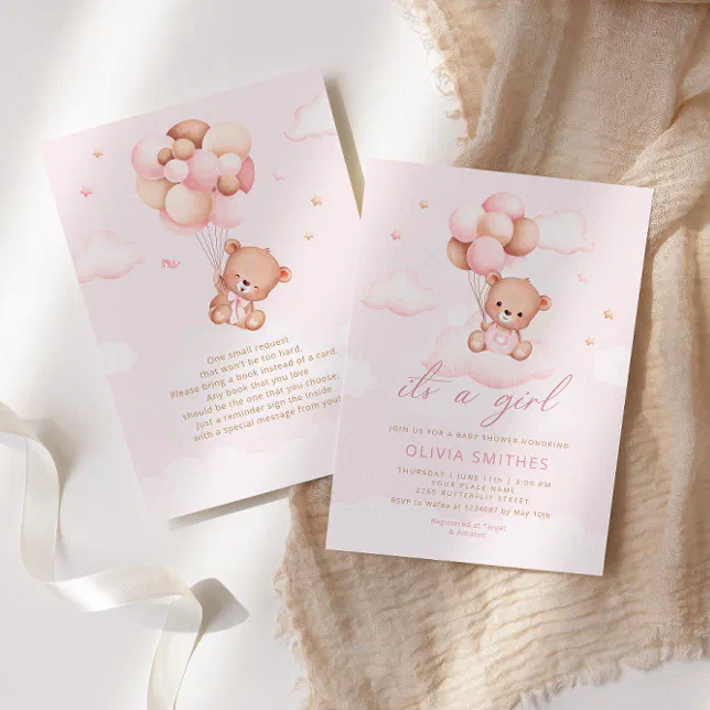 Pink Watercolor Boho Teddy Bear Girl Baby Shower Invitation | Zazzle