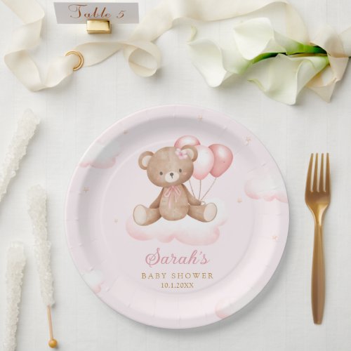 pink Watercolor Boho Teddy Bear Girl Baby Shower Paper Plates