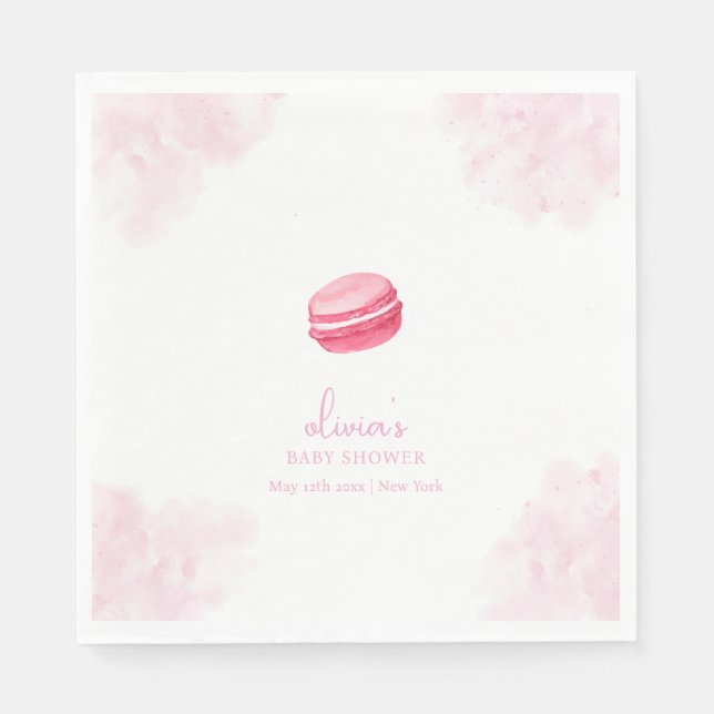 Pink Watercolor Bonjour Bébé Macaron Baby Shower Napkins (Front)