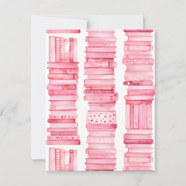 Pink Watercolor Book Stacks Holiday Card (Front)