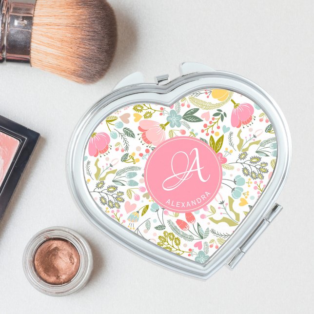 Pink watercolor botanical monogrammed compact mirror (Creator Uploaded)