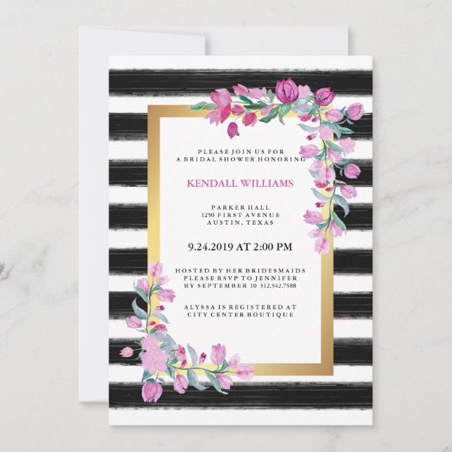 Pink Watercolor Bougainvillea with Black Stripes Invitation (Front)