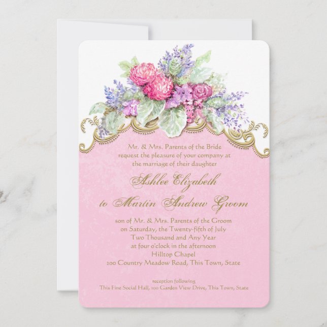 Pink Watercolor Bouquet Wedding Invitation (Front)
