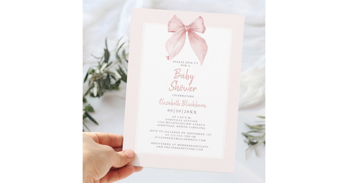 Pink Watercolor Bow Baby Shower Coquette Elegant Invitation | Zazzle
